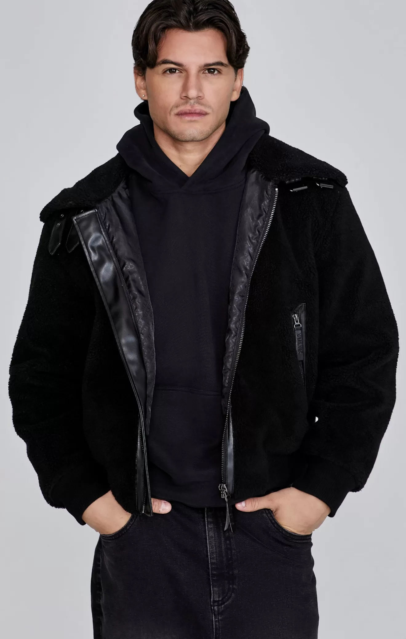 SikSilk Jackets^Black Sherpa Bomber Jacket