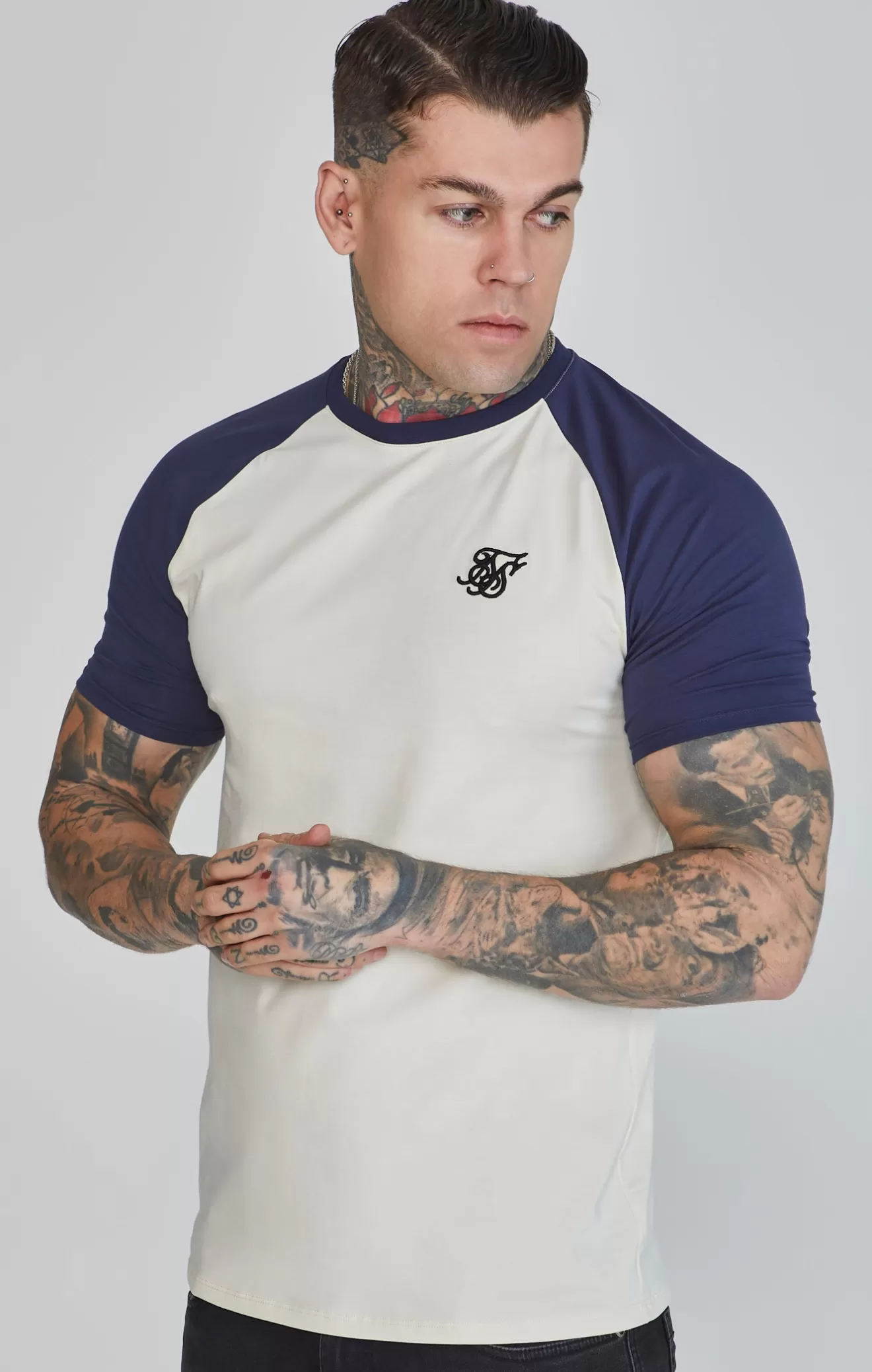 SikSilk T-Shirts^Ecru Navy Raglan T-Shirt
