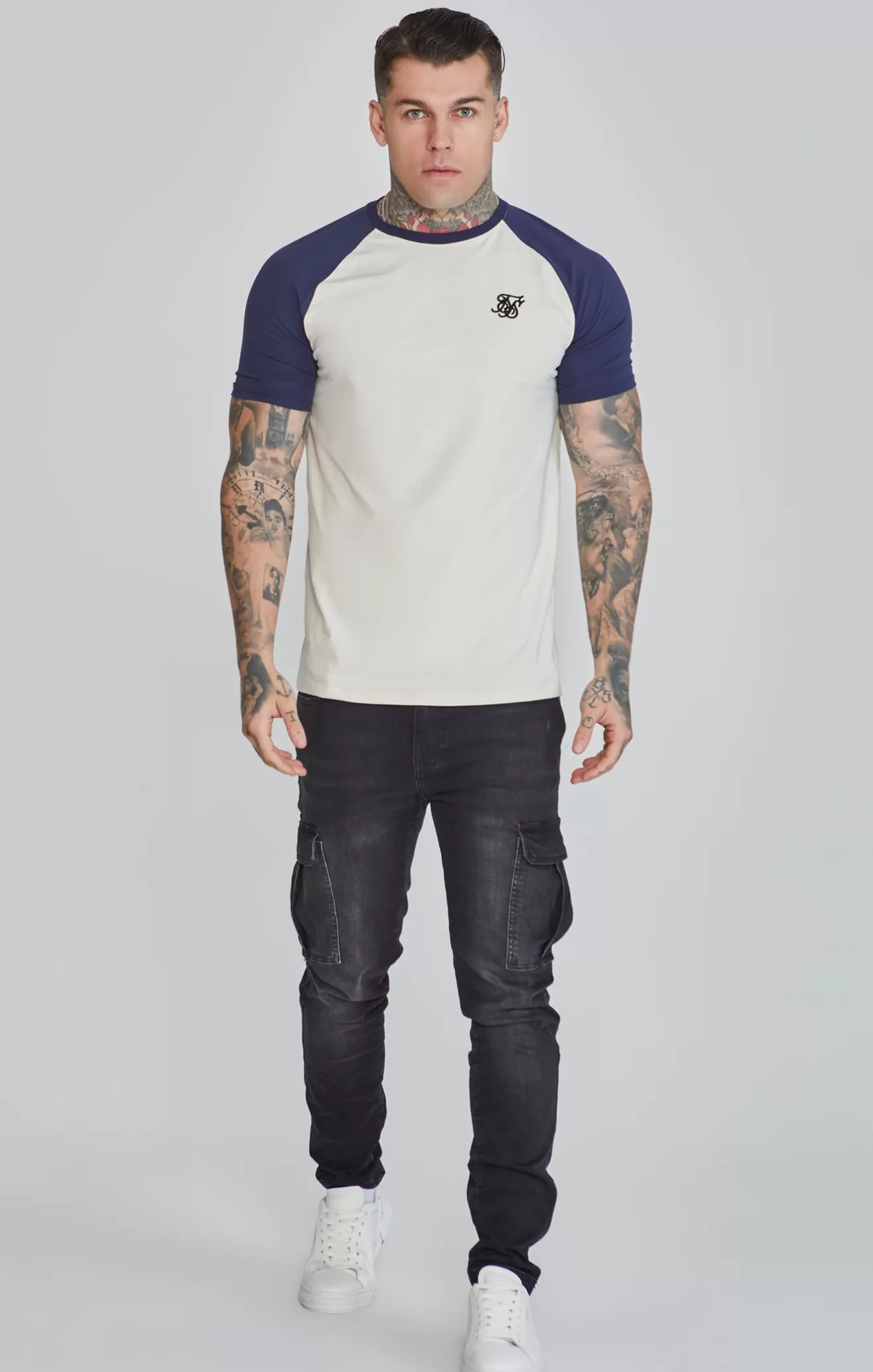 SikSilk T-Shirts^Ecru Navy Raglan T-Shirt