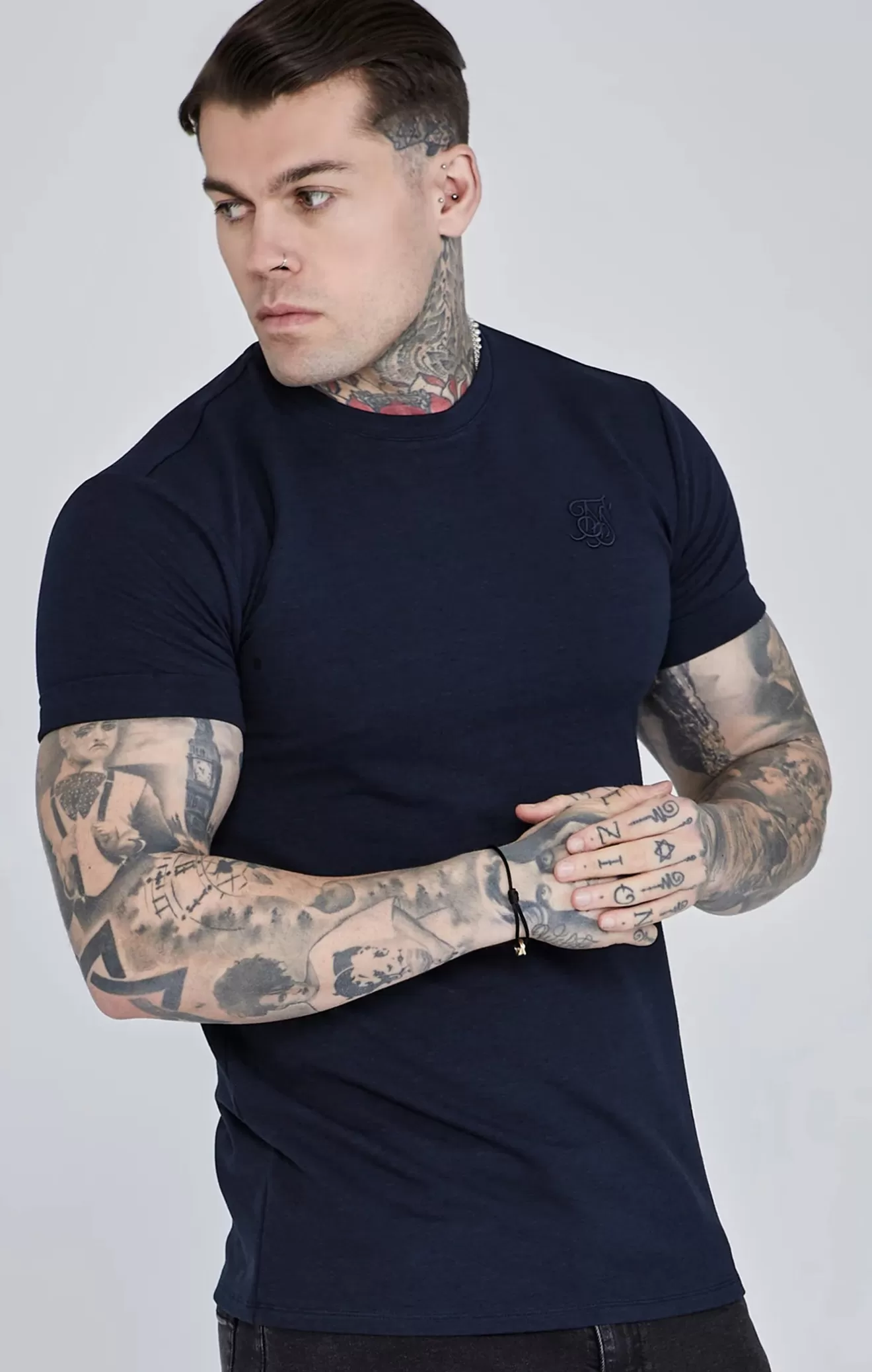 SikSilk T-Shirts^Navy Roll Sleeve T-Shirt