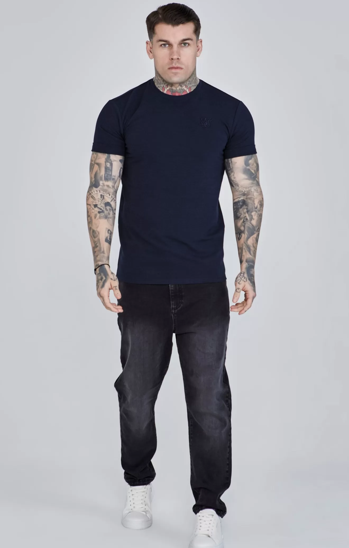 SikSilk T-Shirts^Navy Roll Sleeve T-Shirt